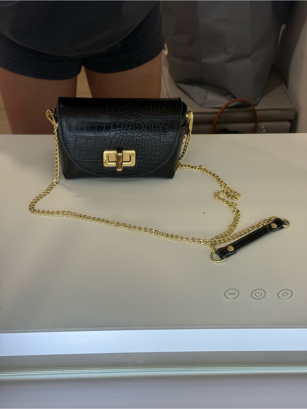 Black Croc-Embossed Chain Shoulder Bag With Gold Hardware